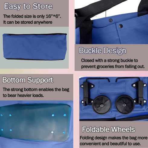 Vikooyes Collapsible Shopping Grocery Bag with Wheels Rolling Tote Bag with Wheels Large Reusable Shopping Bags