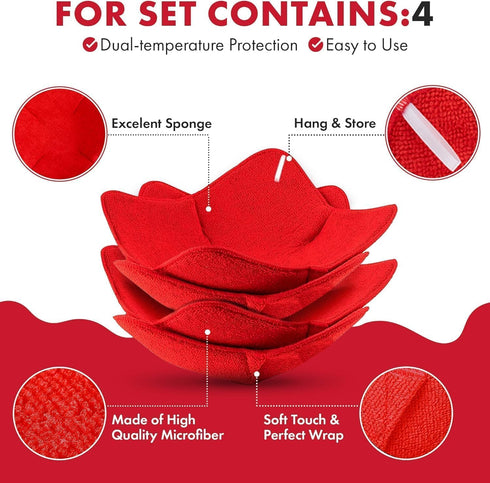 Microwave Bowl Huggers Warmers for Food Microfiber Heat Resistant Food Warmer Set Microwave Safe Handle Hot and Cold Bowls Holder Without Burning Your Hands Set of 4 Microwave Bowl Huggers (Red) by Trendsettings
