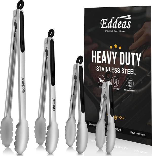 Grill Tongs Set of 4, BBQ Heat Resistant Kitchen Tongs for Cooking, Grilling, Heavy Duty Metal, 7", 9", 12", 14"