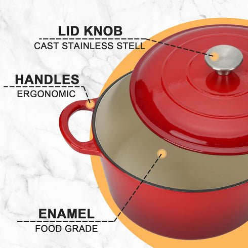 Enameled Cast Iron Dutch Oven Casserole with Lid - 5.5 Quart, Oven Safe up to 500°F, Heavy-Duty Cookware