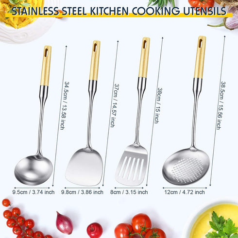 Stainless Steel Kitchen Cooking Utensils Specialty Chinese Wok Utensil Set with Skimmer Slotted Spoon, Spatula Turner, Wok Spatula and Soup Ladle for Nonstick Cookware Cooking Baking Supplies by Patelai