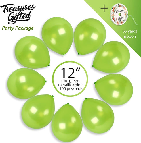 Treasures Gifted Metallic Lime Green Balloons, 100 Pack, 12 Inch Latex Neon Party Supplies