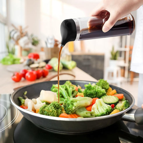 Yiyiring 2 Set 8 oz, Pcs Cruet Dispenser Black Glass Soy Sauce Dispenser, Small Olive Oil and Vinegar Bottles, Soy
