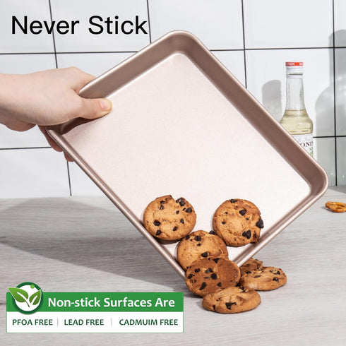 HONGBAKE Toaster Oven Pan, Nonstick Set of 2, Premium 1/8 Sheet Pan for Baking, Heavy Duty, Rose Gold
