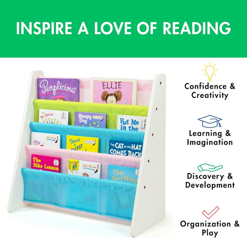4-Tier Humble Crew Kids Bookshelf, White Wood/Pastels - Premium Book Shelf for Kids Rooms with Four Deep Pockets