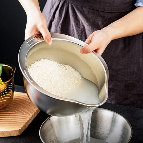 Rice Washer Strainer Bowl: 4-in-1 Washing Bowl for Quinoa, Stainless Steel Rinser for Cleaning Fruits and Vegetables