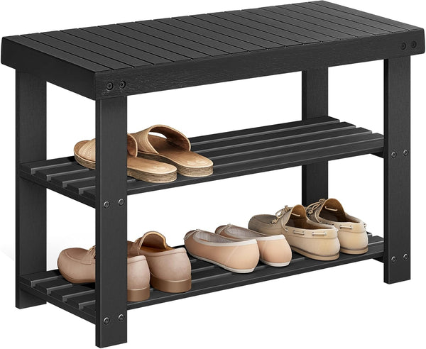 SONGMICS Shoe Rack Bench, 3-Tier Bamboo Shoe Storage Organizer, Entryway Bench, Holds