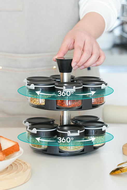 Aurakoa 360 2 12 (12 Counter rotating tier jars spice rack spice jars) Revolving Seasoning Organizer. Spinning Spice