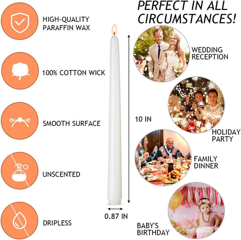 Calm Life Set 7 10 Inch of Unscented White Taper Candles, Dripless Tall Skinny Candlesticks for Home Party Table