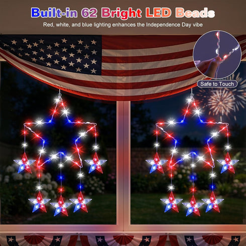 4th 2 Pack 62 8 Lewondr of July Decorations, Red White and Blue Window Star Lights with LEDs, Patriotic Star Lights