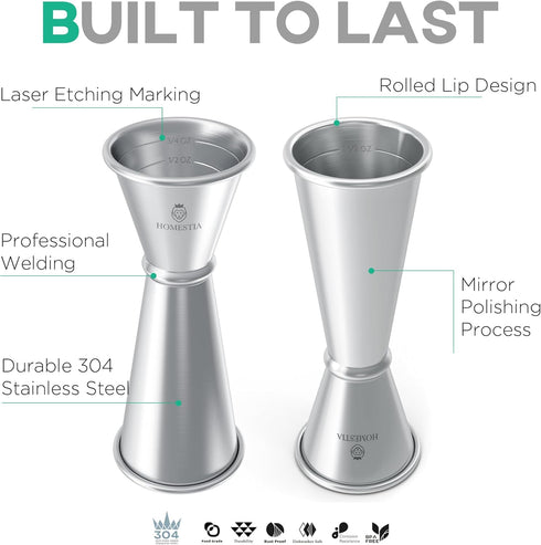 Homestia Double Cocktail Jigger for Bartending - 2 OZ 1 OZ Japanese Premium 304 Stainless Steel, 2 Pcs