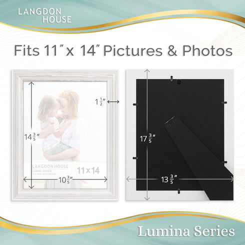 Langdon House 11x14 Real Wood Picture Frames (2 Pack, Weathered White - Gold Accents), Wall Mount or Table Top