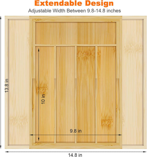 Bamboo Utensil Organizer for Kitchen Drawers, Expandable Tray and Cutlery Holder, Wood Dividers with 7 Adjustable Slots