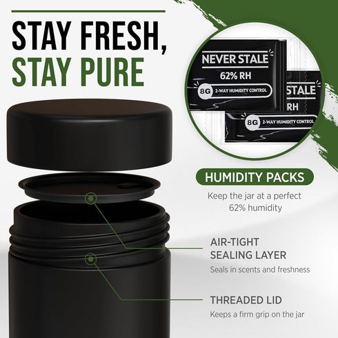 Storage Jar - 1oz Air Tight Sealed Container with 2 Humidity Packs, Microfibre Cloth & Stickers, Matte Finish Jar