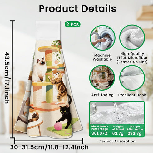 Set 2 CUTHOLLOW Cat Play and Flowers Hanging Kitchen Towels with Loop, of - Soft & Super Absorbent Microfiber