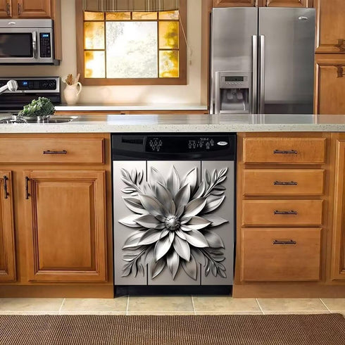 Stainless Steel Flower Magnetic Dishwasher Cover, Decorative Metal Art Style Kitchen Appliance Sticker, 23"x26"