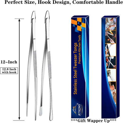 JETKONG 2 Pcs 12-Inch Extra-Long Stainless Steel Kitchen Tweezers, Fine Tweezer Tongs, Silver