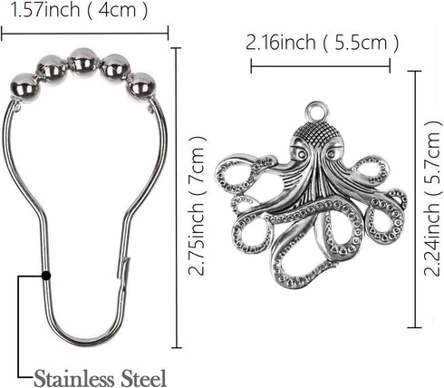 Set of 12 Octopus Shower Curtain Hooks, Decorative Stainless Steel Rustproof Brushed Nickel Rings for Bathroom