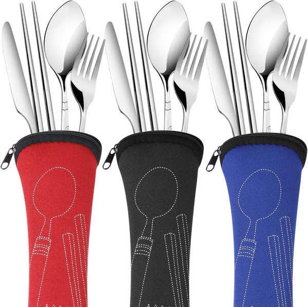 3 Pack Reusable Portable Flatware Sets with Knife, Fork, Spoon, Chopsticks, 12Pcs Stainless Steel Dinnerware with