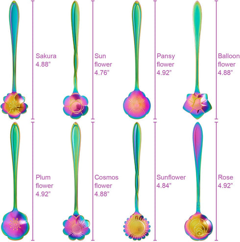 8 Pieces Flower Spoon Coffee Teaspoon Set - Stainless Steel Tableware - 8 Different Patterns (Rainbow Color)