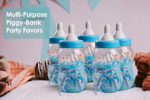 13" Evershine Plastic Baby Bottle Bank, Blue Fillable Baby Shower Bank, Plastic Jumbo Baby Favor Bottle Centerpiece