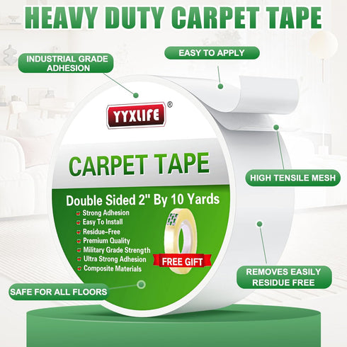 YYXLIFE Double Sided Removable Rug Tape, Non Slip Anti Curling Floor Tape for Area Rugs, 2Inch x 10Yards, White