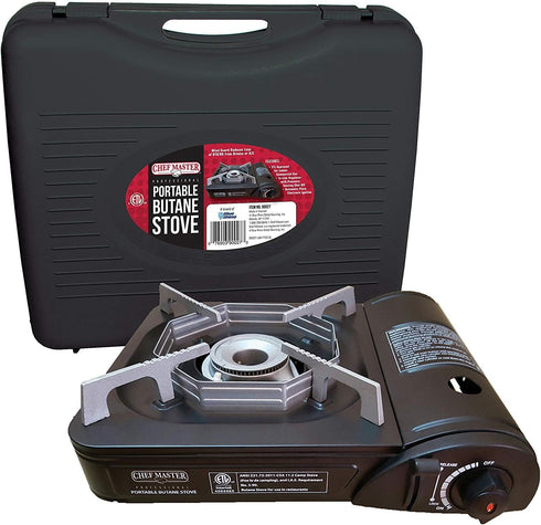 Chef Master Portable Butane Camping Stove, 7,650 BTU Output with Wind-Guard and Carrying Case for Emergencies