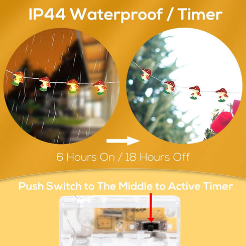 Cute Mushroom Fairy Lights with Timer, 10FT 30LEDs String Lights for Kids Room Decor