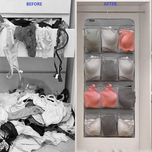 Dual Sided Hanging Shoe Organizer for Closet | Rotating Hanger with 24 Large Pockets (Grey-Mesh Pockets)