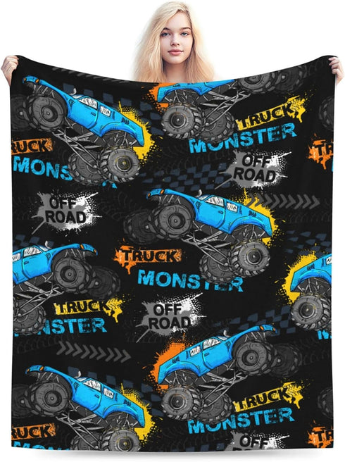 Jbofyee 80x60 Inch Monster Trucks Cars Throw Blankets All Season Ultra Soft Warm Gift for Boys Fleece Blanket for Home