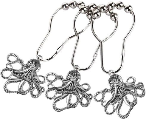 Set of 12 Octopus Shower Curtain Hooks, Decorative Stainless Steel Rustproof Brushed Nickel Rings for Bathroom