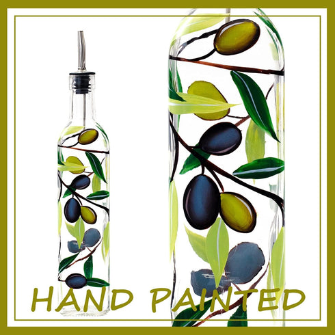 17oz 500ml (olive1) Hand Painted Glass Olive Oil Bottle Dispenser- Green Oil & Vinegar Cruet with Pourers - Olive Oil