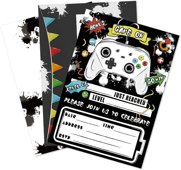 WERNNSAI Watercolor Video Game Party Invites - 20 Set Fill-in Invitations with Envelopes for Boys Birthday