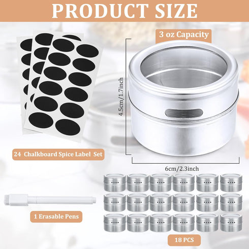 CHENGU 18 Pack 3 oz Magnetic Spice Jars for Refrigerator Magnetic Spice Containers Stainless Steel Seasoning Tins