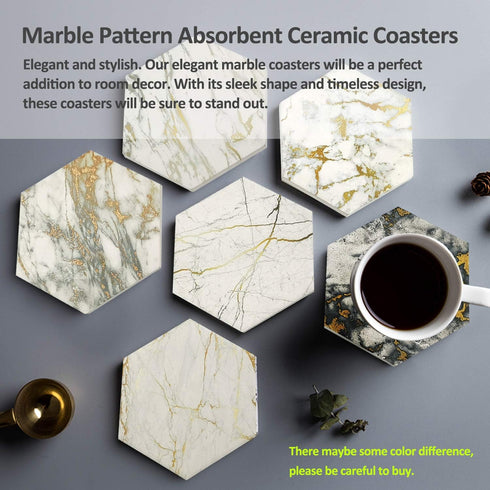 Set 8 Set, Coasters of with Metal Holder Stand, Marble Design Ceramic Coaster Cork Base, Gold Home Decor for Tabletop