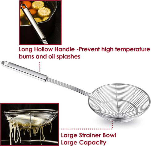 Stainless Steel Spider Strainer Skimmer Spoon Set of 3, Solid Wire Asian Ladle Pasta Strainer with Long Handle