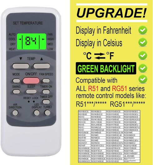 Replacement Air Conditioner Remote Control for Goodman Tgm Midea Models R51I4/BGE, R51I4/BGCE, UL-R51M/E