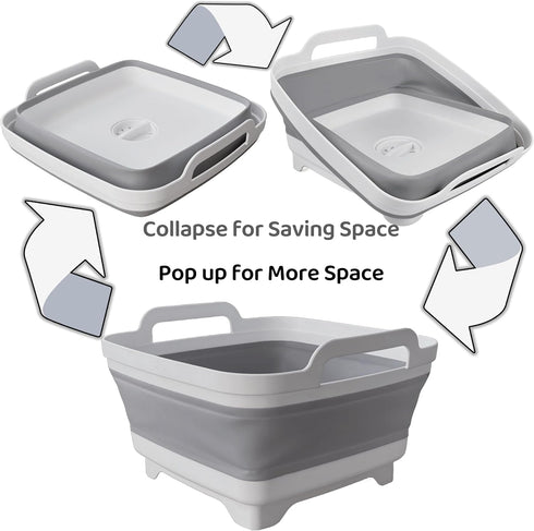 Collapsible Wash Basin with Drain Plug - 2.4 Gallon (9L) Portable Sink for RV Camping, Space-Saving Dish Pan (Gray)