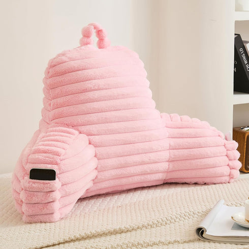 Memfydu Faux Fur Fluffy Pink Reading Pillow with Pockets, Luxury Striped Plush Decorative, Arm Rests and Back Support
