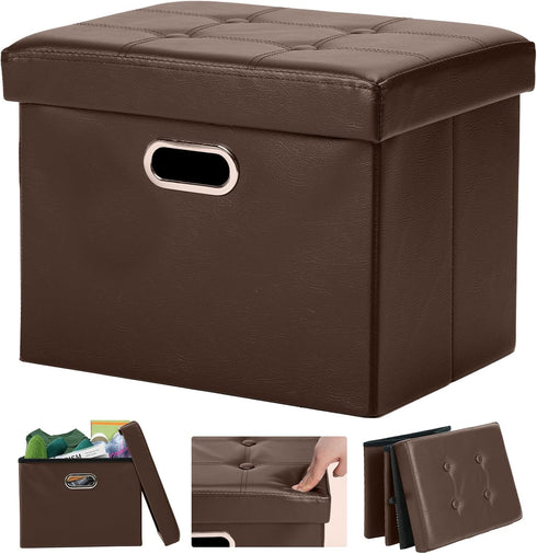 17x13x13in COSYLAND Ottoman with Storage Folding Leather Ottoman Footrest Foot Stool Brown Ottoman for Rooms Small