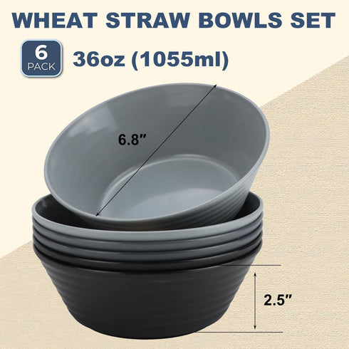 Wheat Straw Bowl Sets,6 PCS Unbreakable Cereal Bowl 36 OZ,Microwave and Dishwasher Safe Bowls,Soup Bowl Sets BPA Free Eco Friendly Bowl for Serving Soup,Oatmeal and Salad (Black Grey) by Wrova