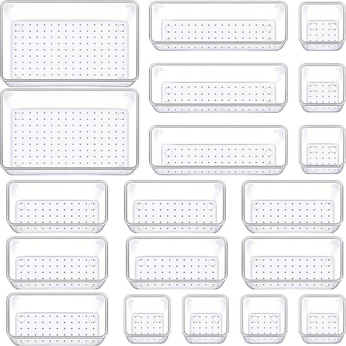 Drawer Organizers Set of 19, Clear Plastic Storage Bins for Kitchen, Bathroom, Office, and Jewelry