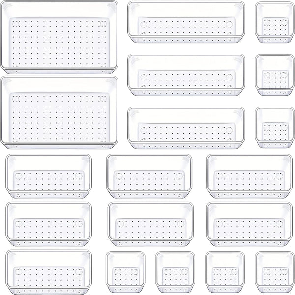 Drawer Organizers Set of 19, Clear Plastic Storage Bins for Kitchen, Bathroom, Office, and Jewelry