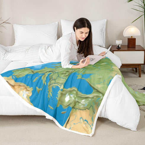 90" 90" Feelyou World Map Sherpa Blanket - Continental Europe Fleece Throw, Ocean Nautical Sea Adventure Plush