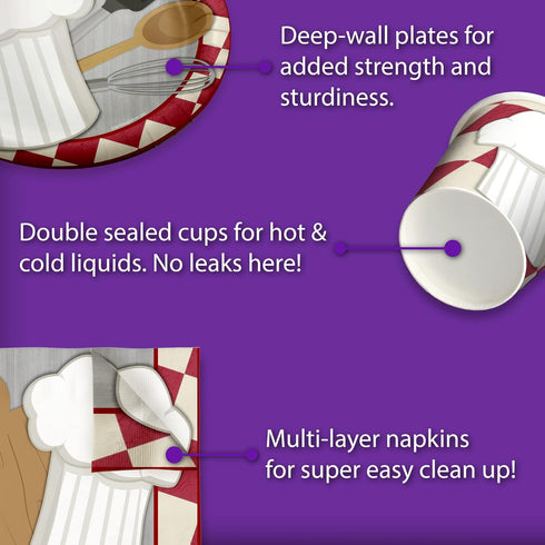Cooking Themed Birthday Party Paper Plates, Napkins, Cups - Bon Appetit Supplies for 16 Guests (64 Piece)
