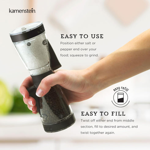 KAMENSTEIN One-Handed 2-in-1 Dual Salt and Pepper Grinder, 8-Inch, Adjustable and Refillable, Black
