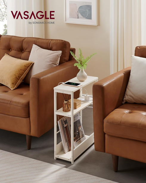 3-Tier ULET335W01 VASAGLE Side Table with Charging Station, Narrow End Table, Nightstand, Sofa Table for Small Spaces