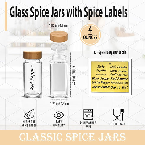 Glass Spice Jars with Bamboo Airtight Lids, 6 Pack, 4 oz Square Bottles with Shaker Lids