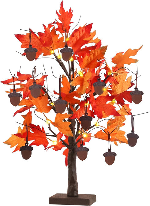 YEAHOME 24” Lighted Fall Maple Leaves Tree, 2FT Autumn Decor with 24LT Warm White LEDs, 12 Wood Acorns Ornaments,