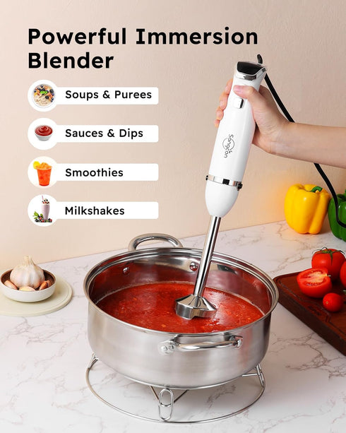 Sangcon Immersion Blender Handheld - 400W Electric 3-in-1 Stick Blender with Whisk, Milk Frother Attachments, White